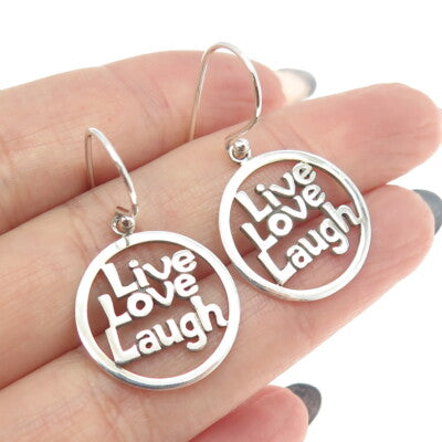 925 Sterling Silver "Live Love Laugh" Round Dangling Earrings
