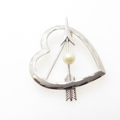 925 Sterling Silver Antique Art Deco Real Pearl Heart & Arrow Pin Brooch