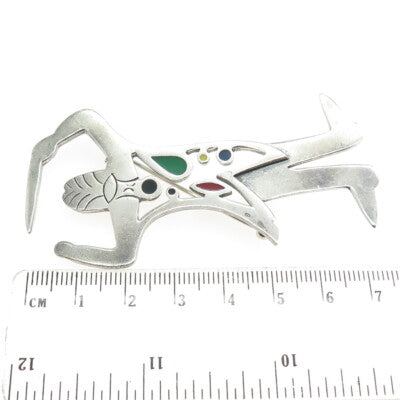 925 Sterling Silver Vintage Mexico Enamel Master Orchestrator Modernist Brooch