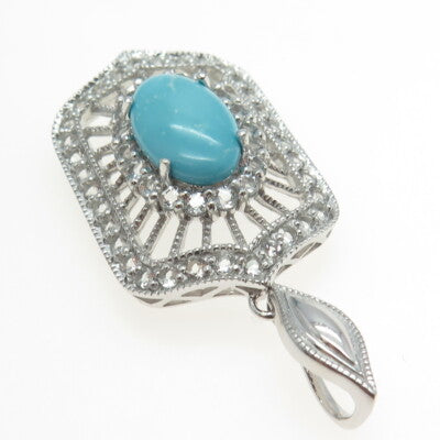 925 Sterling Silver Real White Topaz & Turquoise Bohemian Pendant