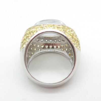 925 Sterling Silver Clear Quartz Canary & White C Z Dome Ring Size 6