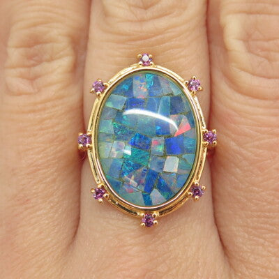 925 Sterling Silver Gold Plated Real Opal Inlay & Amethyst Ring Size 7.25