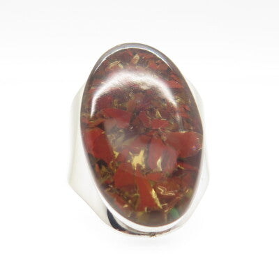 925 Sterling Silver Vintage Mexico Real Red Jasper Inlay Adjustable Ring Size 8