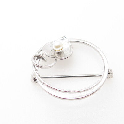 DE CURTIS Sterling Silver Antique Art Deco Real Pearl Heart Circle Pin Brooch