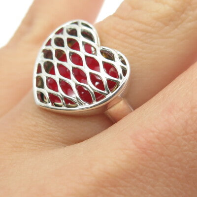 ROSS SIMONS 925 Sterling Silver Red Enamel Heart Mesh Ring Size 6