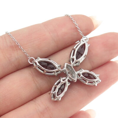 925 Sterling Silver Italy Real Diamond & Red Garnet Gem Butterfly Necklace 18"