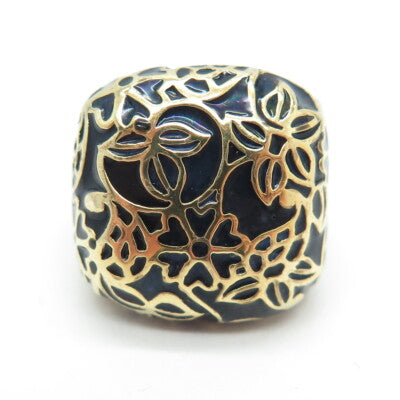 925 Sterling Silver Gold Plated Black Enamel Floral Wide Ring Size 6
