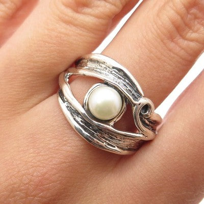 HAGIT GORALI 925 Sterling Silver Vintage Israel Pearl Modernist Ring Size 8.75