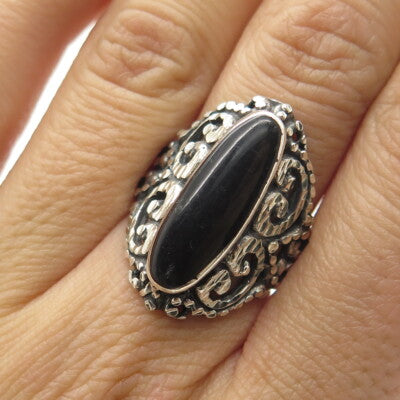 925 Sterling Silver Vintage Real Black Onyx Gemstone Ornate Ring Size 6.75