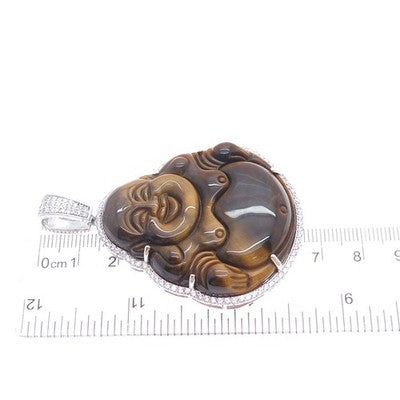 925 Sterling Silver Real Tiger Eye & C Z Buddha Pendant