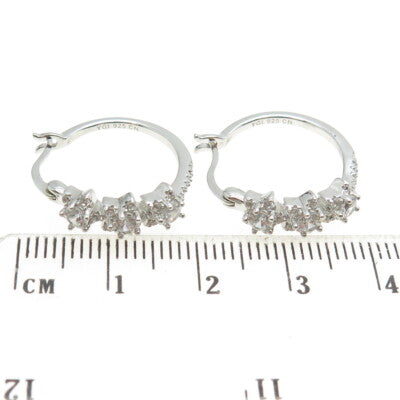 925 Sterling Silver Round-Cut C Z Floral Hoop Earrings