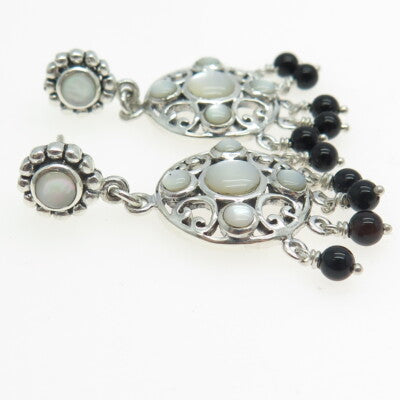 925 Sterling Silver Vintage Real Mother-of-Pearl & Black Onyx Dangling Earrings