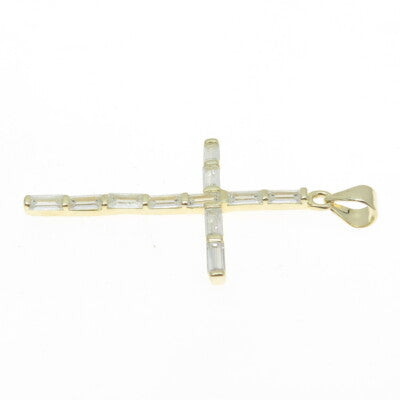 925 Sterling Silver Gold Plated Baguette-Cut C Z Cross Pendant