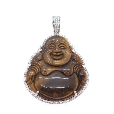 925 Sterling Silver Real Tiger Eye & C Z Buddha Pendant