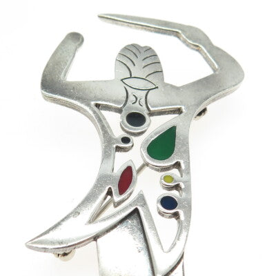 925 Sterling Silver Vintage Mexico Enamel Master Orchestrator Modernist Brooch