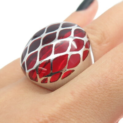 925 Sterling Silver Red Enamel Cage Domed Ring Size 7