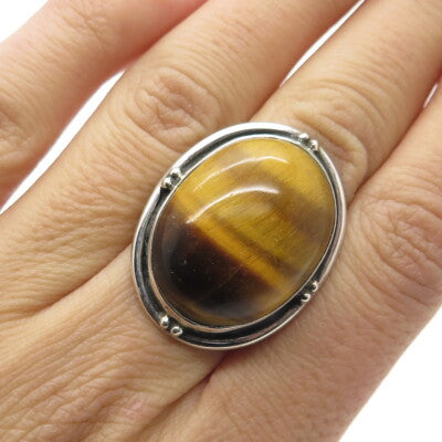 925 Sterling Silver Vintage Real Tiger Eye Gemstone Ring Size 3.75