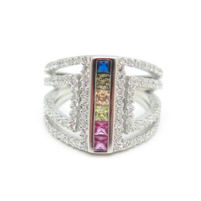 925 Sterling Silver Multi-Color C Z Geometric Ring Size 6.25