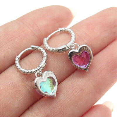925 Sterling Silver Real Pink Opal Gemstone Heart Dangle Huggie Earrings