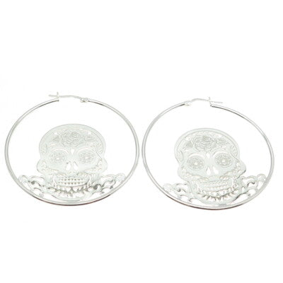 925 Sterling Silver Calavera Skull Hoop Earrings
