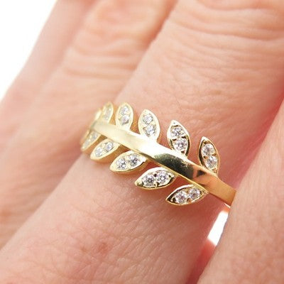 925 Sterling Silver Gold Plated Round-Cut C Z Laurel Leaf Ring Size 8.75