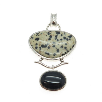WHITNEY KELLY 925 Sterling Silver Vintage Dendritic Agate Black Onyx Gem Pendant