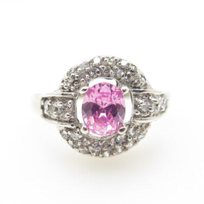 925 Sterling Silver Round & Oval-Cut White Pink C Z Ring Size 7.25