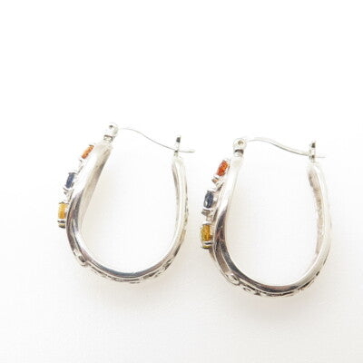 925 Sterling Silver Multi-Color Sapphire Gemstone Hinged Hoop Earrings