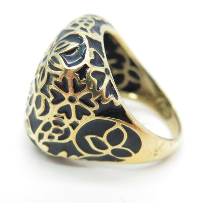 925 Sterling Silver Gold Plated Black Enamel Floral Wide Ring Size 6