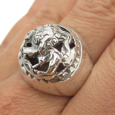 800 Silver Vintage France Chinese Foo Dog Dome Ring Size 10