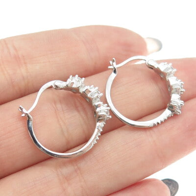 925 Sterling Silver Round-Cut C Z Floral Hoop Earrings