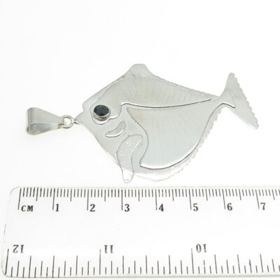 925 Sterling Silver Vintage MS 1994 Real Sapphire Modernist Fish Pendant
