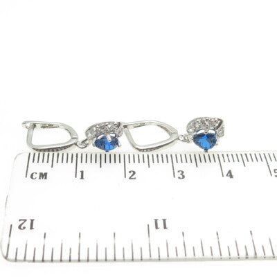 925 Sterling Silver White & Blue C Z Heart Dangling Earrings