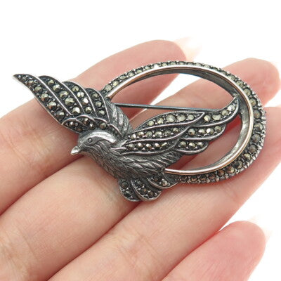 14K Gold & 925 Sterling Silver Vintage Real Marcasite Bird Oxidized Pin Brooch