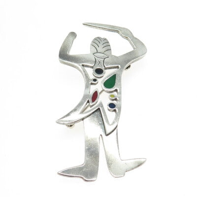 925 Sterling Silver Vintage Mexico Enamel Master Orchestrator Modernist Brooch