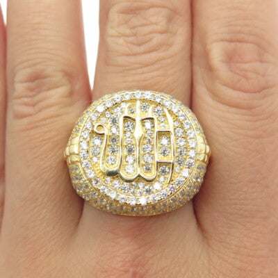925 Sterling Silver Gold Plated Pave C Z Muslims Allah Religious Ring Size 9.5