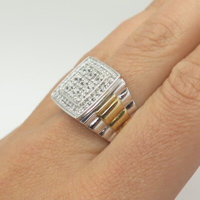 925 Sterling Silver 2-Tone Real White Topaz Gemstone Ring Size 10.25