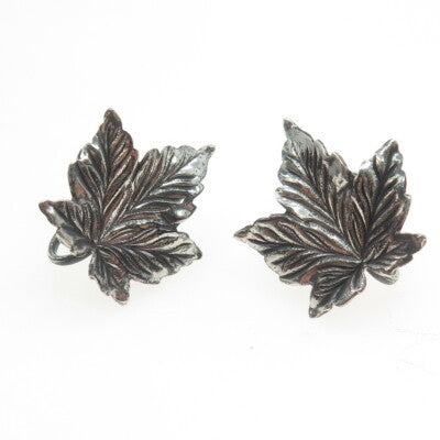BEAU 925 Sterling Silver Antique Art Deco Maple Leaf Screw Back Earrings
