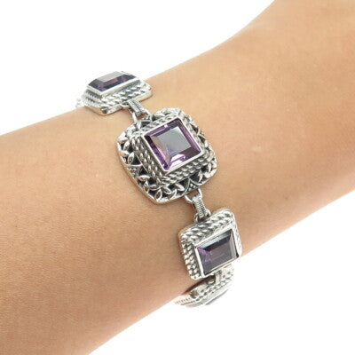 BERIA 925 Sterling Silver Vintage Real Amethyst Gem Tennis Link Bracelet 7.5"