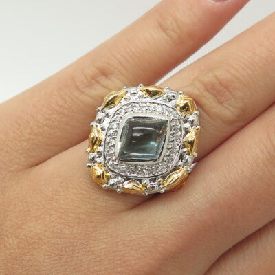 925 Sterling Silver 2-Tone Blue Glass & C Z Statement Ring Size 7