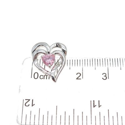 SAI 925 Sterling Silver Pink C Z Double Heart Minimalist Slide Charm Pendant