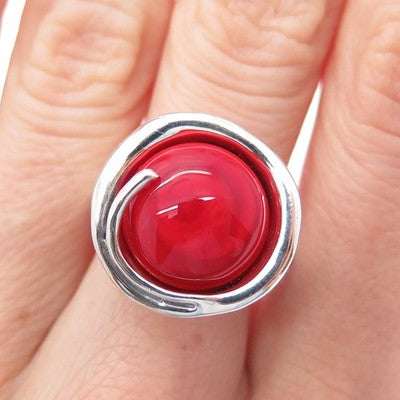 HAGIT GORALI Sterling Vintage Israel Red Murano Glass Modernist Ring Size 7.75