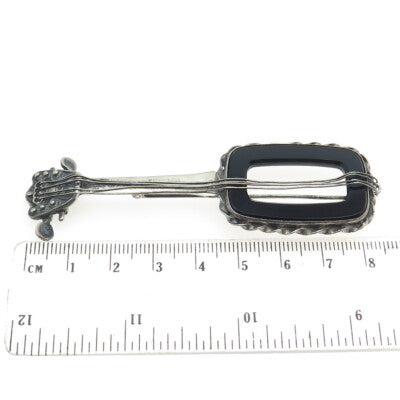 925 Sterling Silver Antique Art Deco Real Black Onyx Banjo Musical Pin Brooch