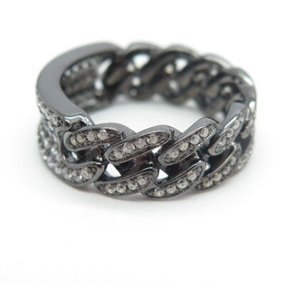 925 Sterling Silver Pave C Z Cuban Chain Band Ring Size 7