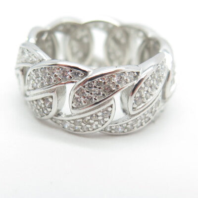 925 Sterling Silver Pave C Z Cuban Chain Band Ring Size 5.5
