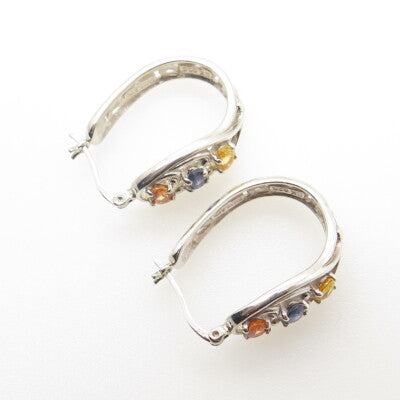 925 Sterling Silver Multi-Color Sapphire Gemstone Hinged Hoop Earrings