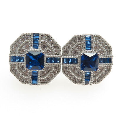 925 Sterling Silver White & Blue C Z Earrings