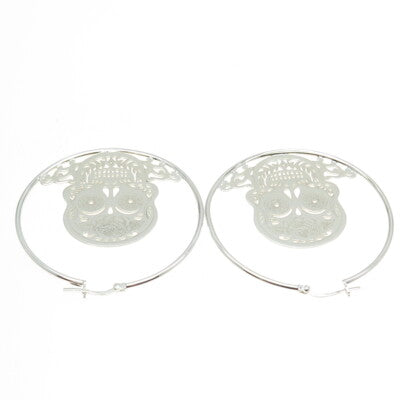 925 Sterling Silver Calavera Skull Hoop Earrings