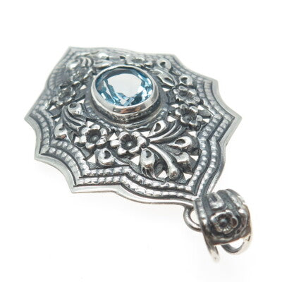 925 Sterling Silver Vintage Real Blue Topaz Floral Blossom Oxidized Pendant
