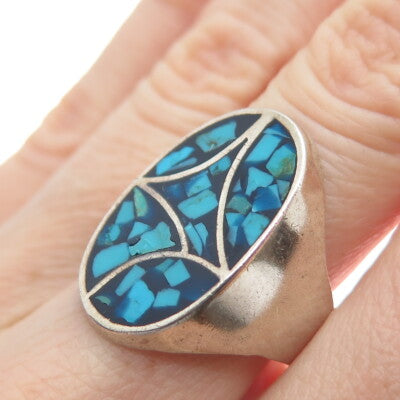 Old Pawn 925 Sterling Silver Vintage Southwestern Turquoise Inlay Ring Size 8.5